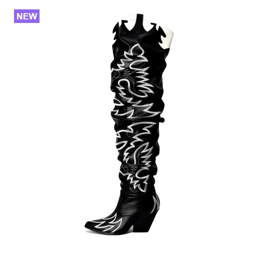 Faux Leather Over The Knee Boots with Chunky Block Heel